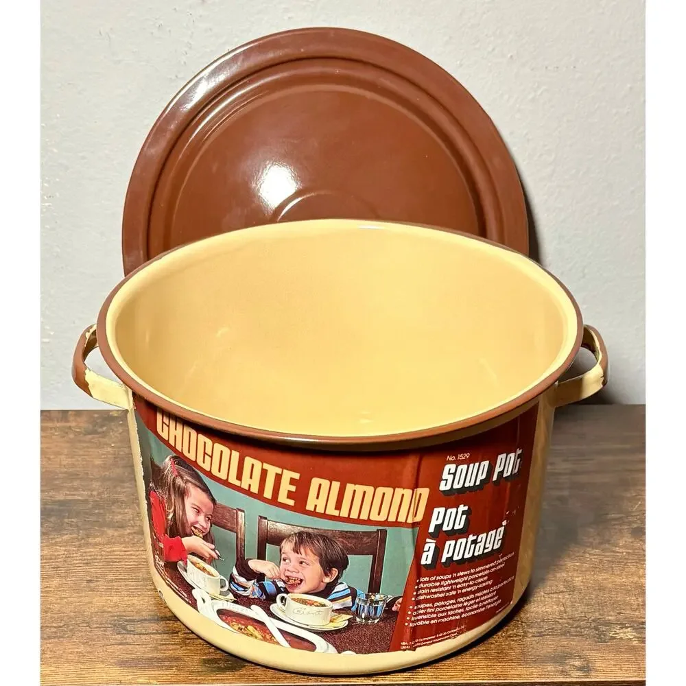 New Vintage 1979 Stock Pot With Lid #1530 Chocolate/Almond Enamel 11Qt 7oz